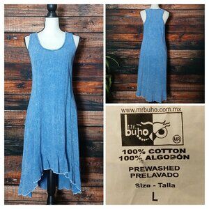 Mr Buho Midi Dress L Blue Garment Dyed Lightweight Cotton Hi Low Hem